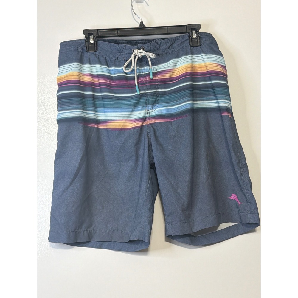Tommy Bahama Mens Swim Trunks Large Blue Sunset Stripe Board Shorts Marlin Logo